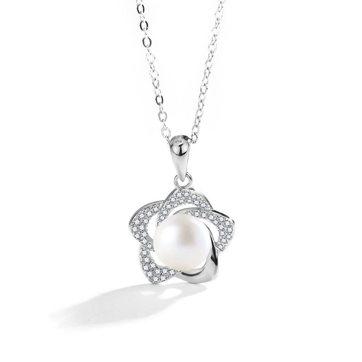 Floral Button Pearl Moissanite Necklace in Gold-Plated S925 sterling silver alternate metal color white background product view showing flower pendant framing a button pearl with fine round moissanite petals