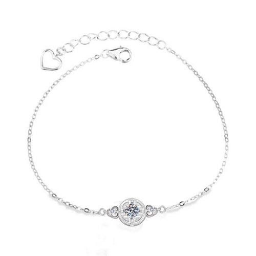 Ancient Coin Round Moissanite Adjustable Bracelet with CZ in White Gold-Plated S925 Sterling Silver on a white background showing the complete bracelet silhouette, center motif, and setting