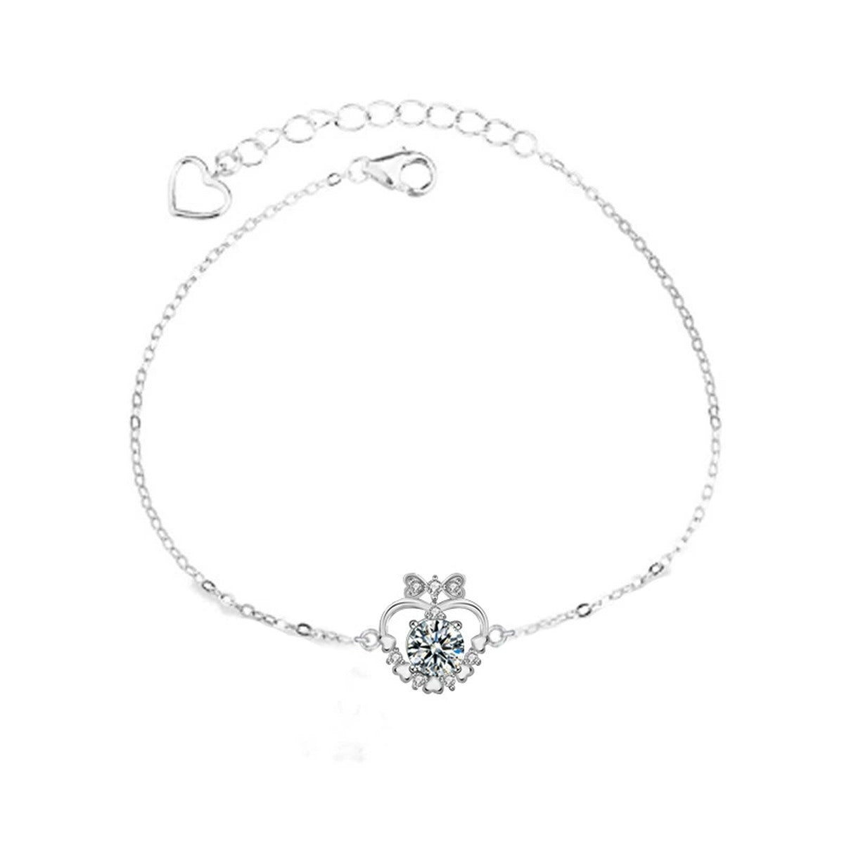 Heart Bowknot Green Moissanite Adjustable Bracelet with CZ in Gold-Plated S925 Sterling Silver product detail view showing the moissanite setting, chain, and polished finish