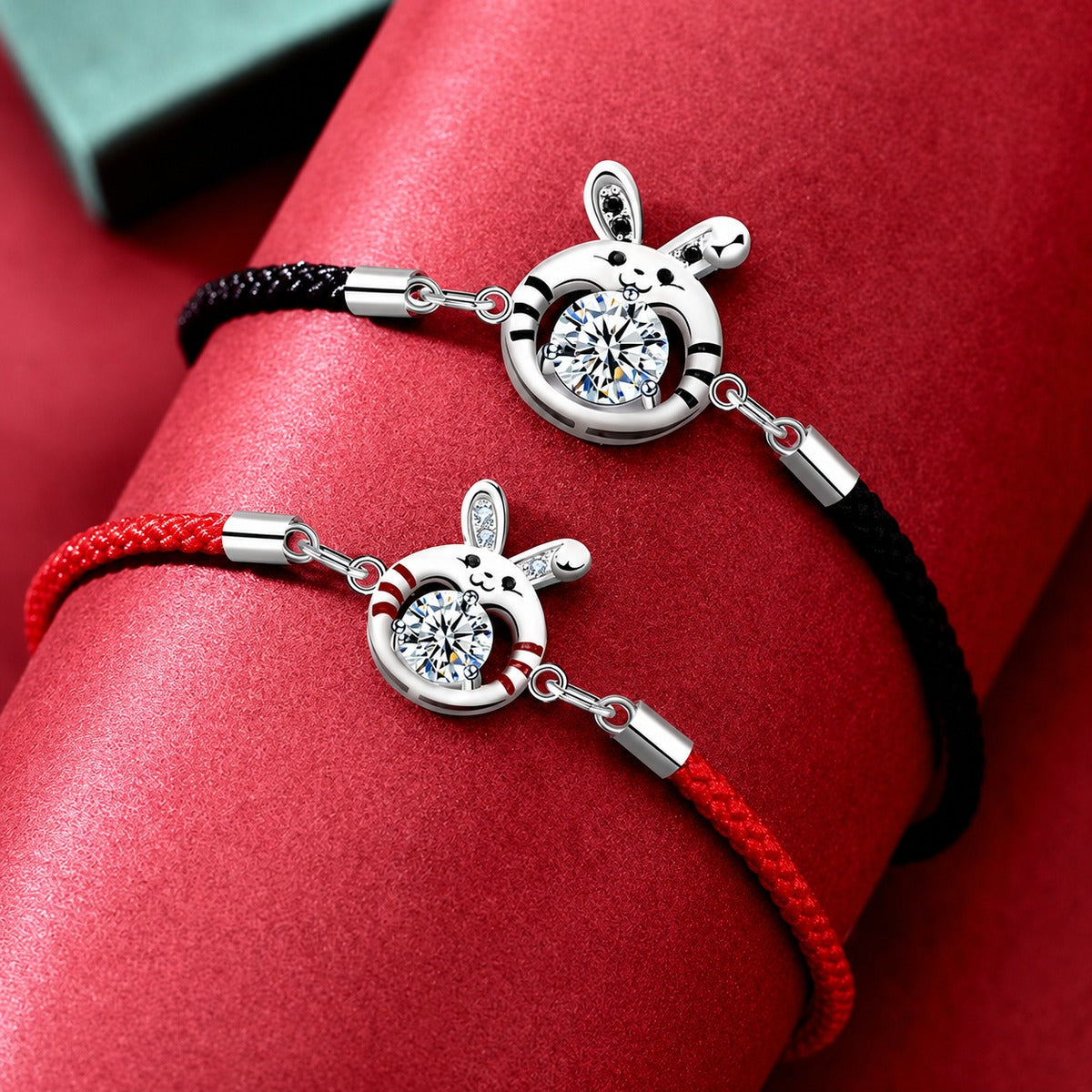 Rabbit Round Moissanite Couples Cord Bracelets with CZ in White Gold-Plated S925 Sterling Silver on a white background showing the complete bracelet silhouette, center motif, and setting