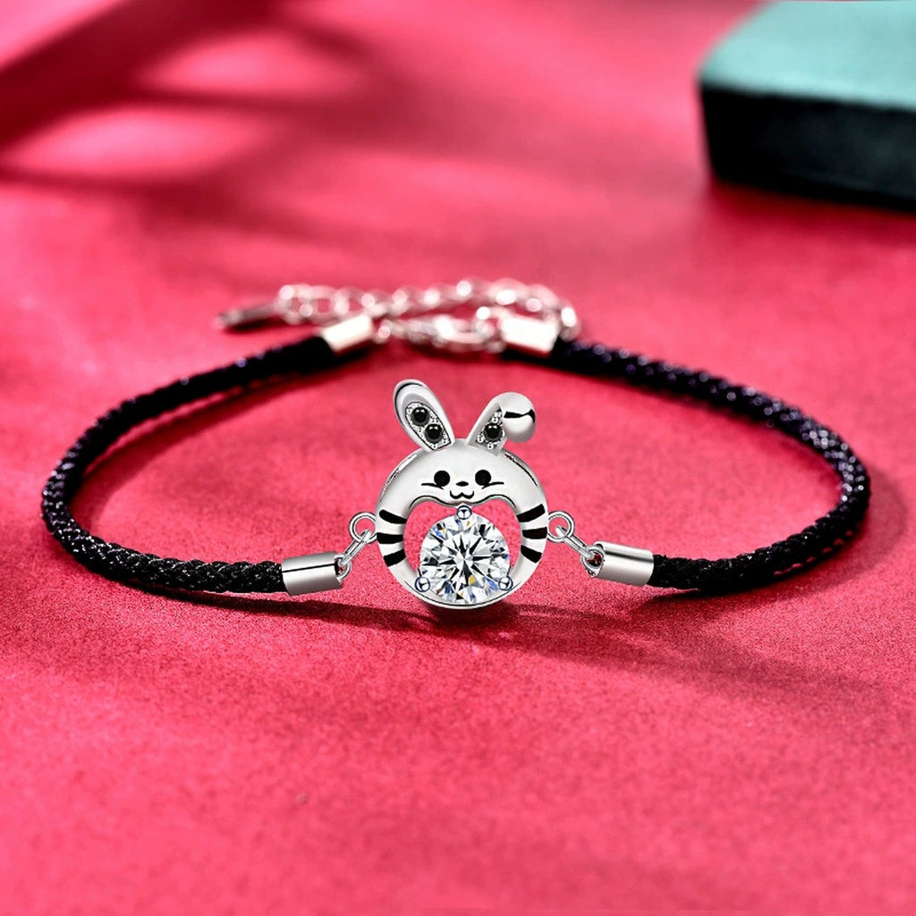 Rabbit Round Moissanite Couples Cord Bracelets with CZ in White Gold-Plated S925 Sterling Silver product detail view showing the moissanite setting, chain, and polished finish