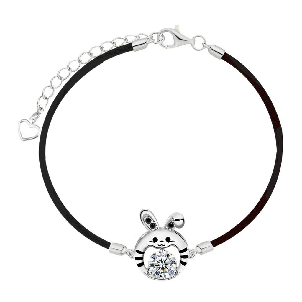 Rabbit Round Moissanite Couples Cord Bracelets with CZ in White Gold-Plated S925 Sterling Silver product detail view showing the moissanite setting, chain, and polished finish