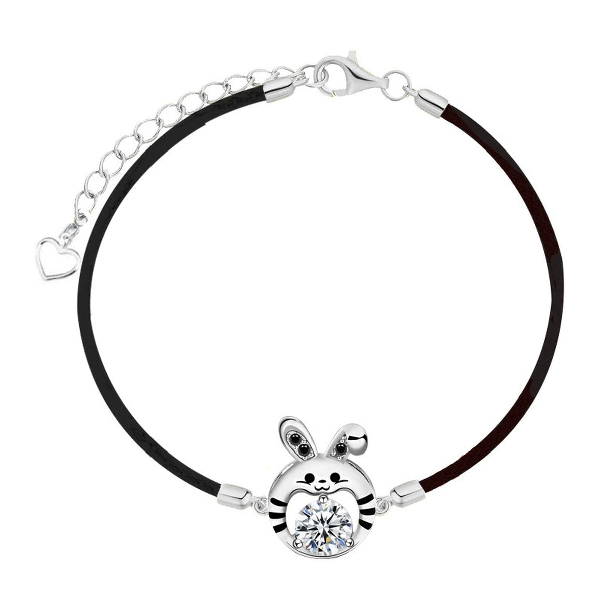 Rabbit Round Moissanite Couples Cord Bracelets with CZ in White Gold-Plated S925 Sterling Silver product detail view showing the moissanite setting, chain, and polished finish