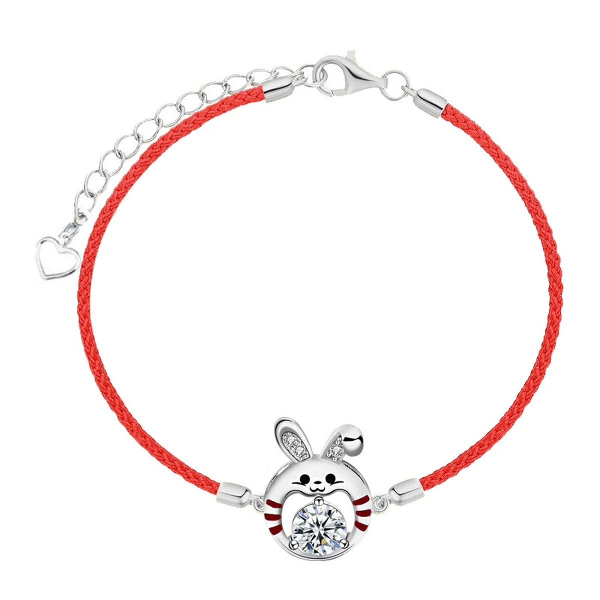 Rabbit Round Moissanite Couples Cord Bracelets with CZ in White Gold-Plated S925 Sterling Silver product detail view showing the moissanite setting, chain, and polished finish