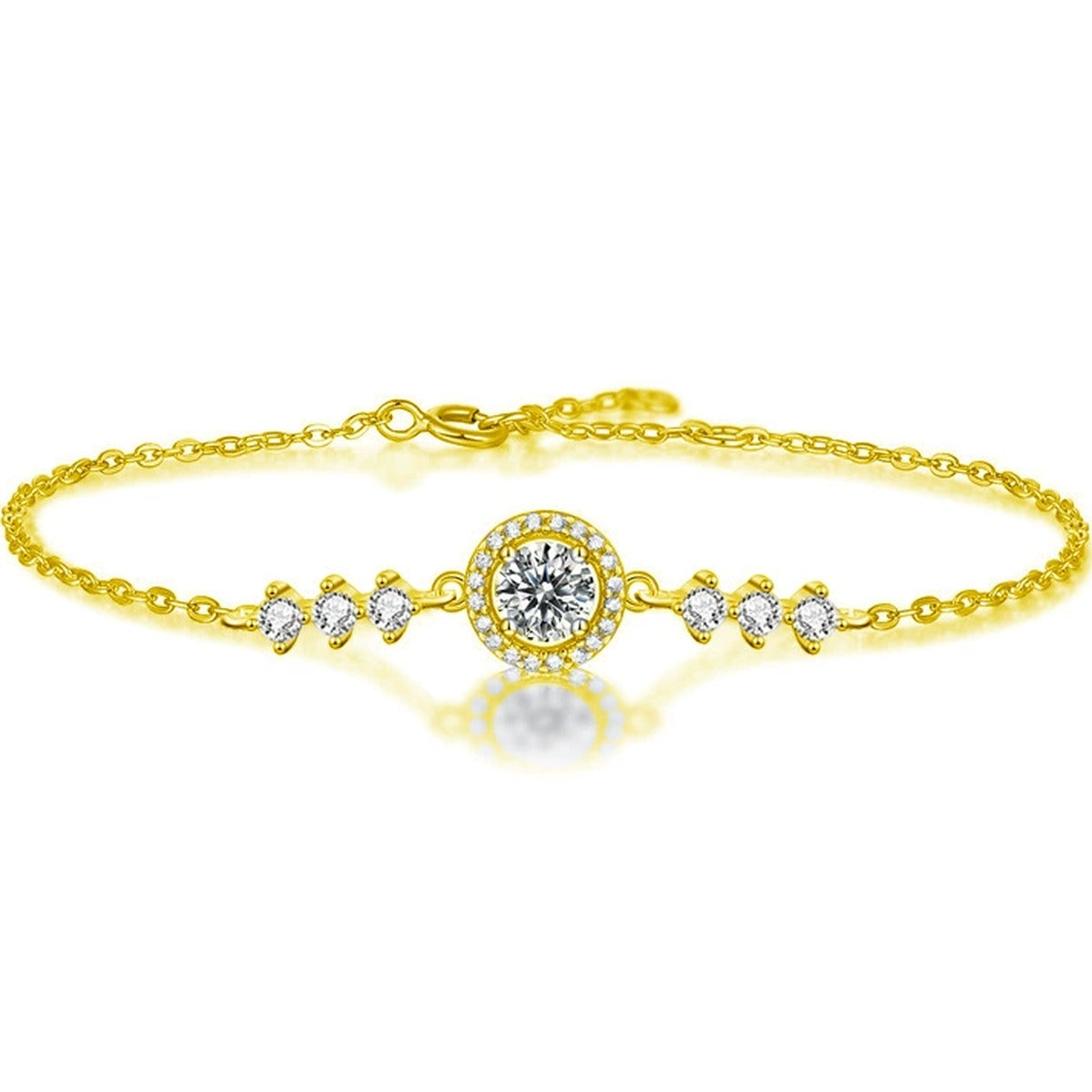 Round Halo Moissanite Adjustable Bracelet in Gold-Plated S925 Sterling Silver on a white background showing the complete bracelet silhouette, center motif, and setting