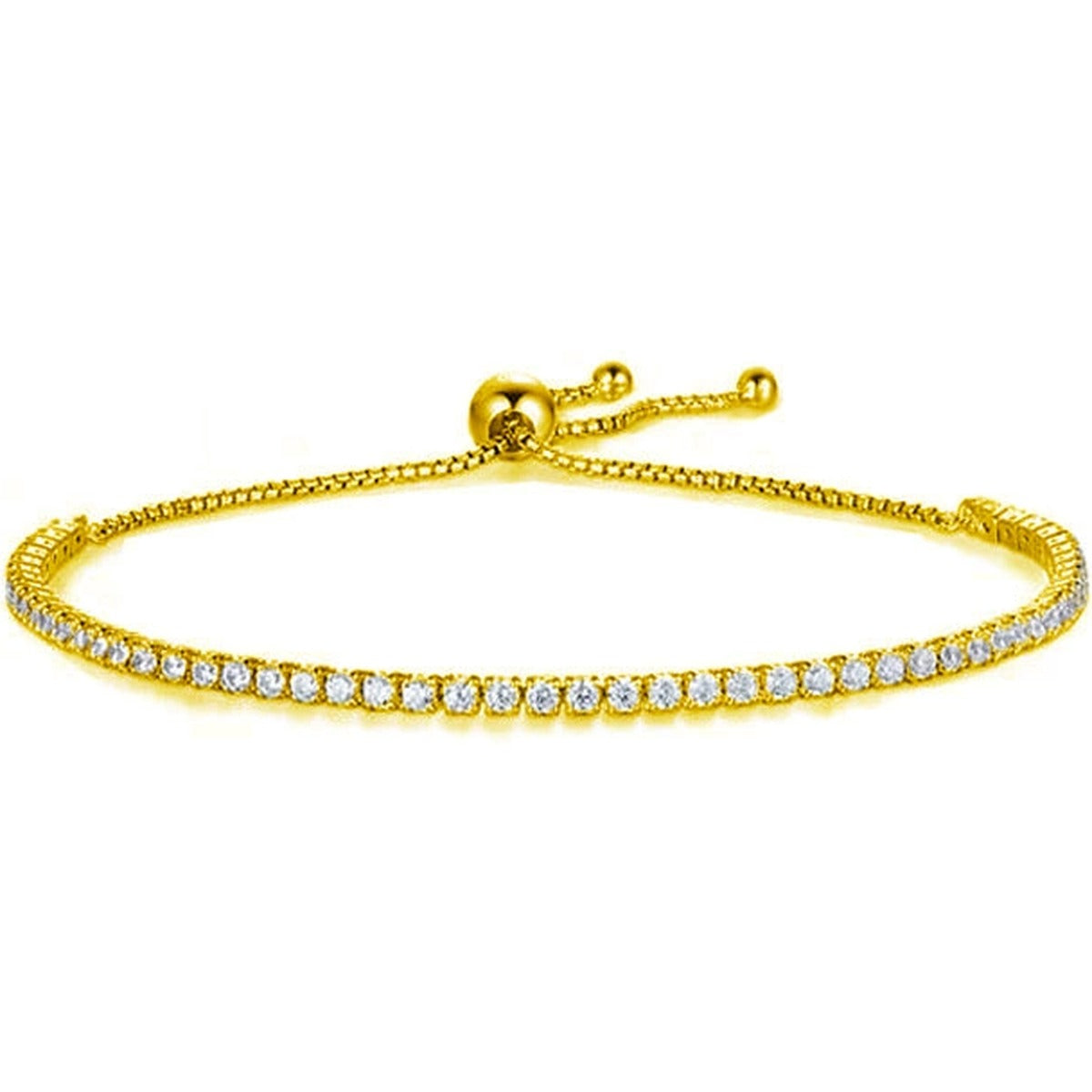 Round Moissanite Bolo Tennis Bracelet in Gold-Plated S925 Sterling Silver on a white background showing the complete bracelet silhouette, center motif, and setting
