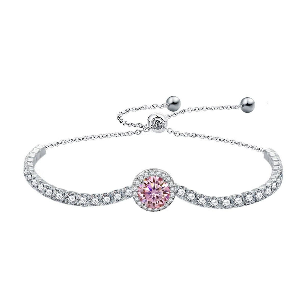 Round Moissanite Bolo Tennis Bracelet in White Gold-Plated S925 sterling silver angled product display showing bracelet silhouette