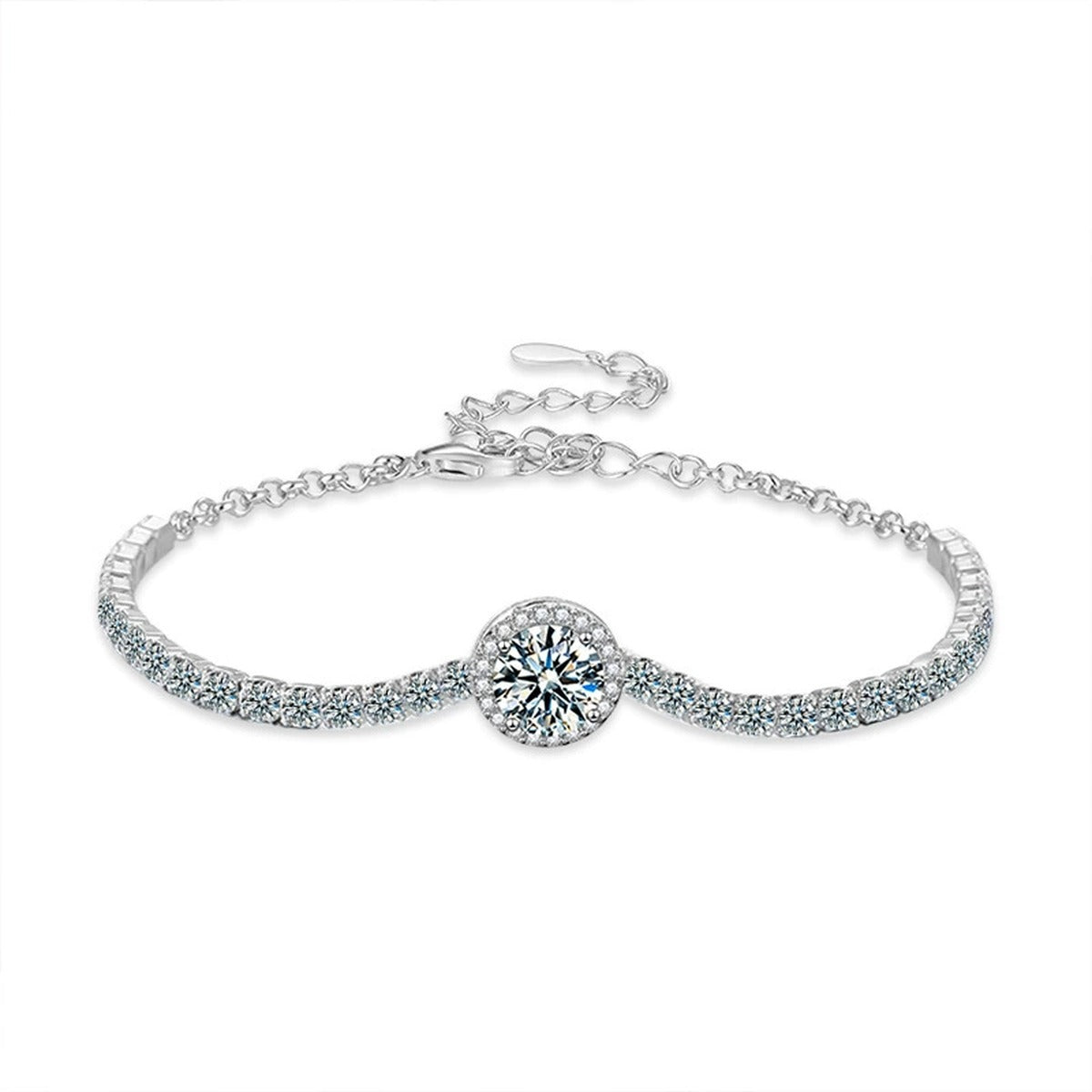 Round Moissanite Bolo Tennis Bracelet in White Gold-Plated S925 sterling silver additional product photo showing finish and setting