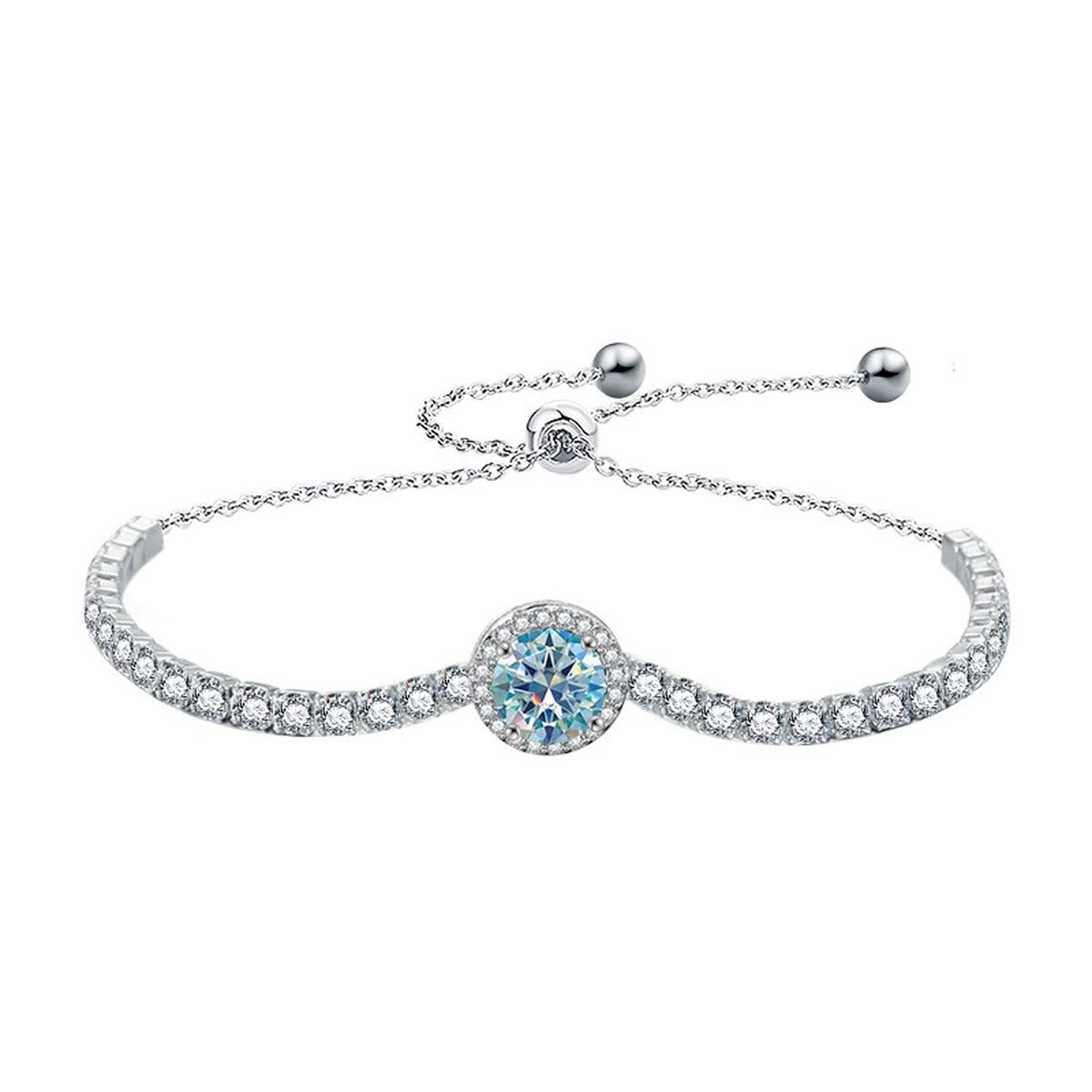 Round Moissanite Bolo Tennis Bracelet in White Gold-Plated S925 sterling silver additional product photo showing finish and setting