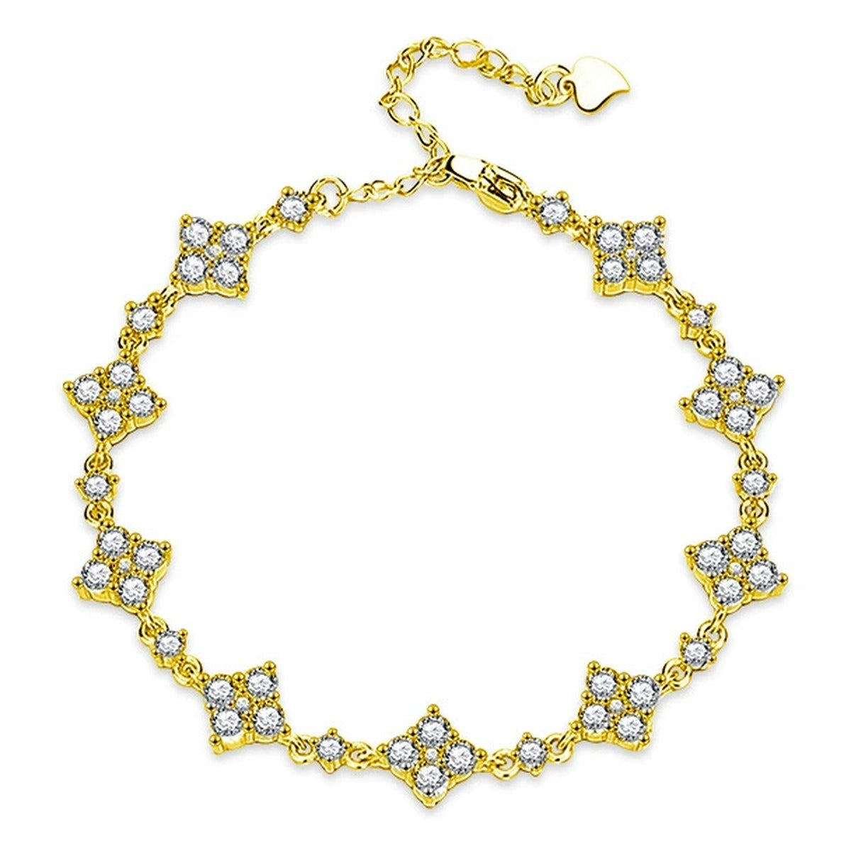 Clover Round Moissanite Charm Bracelet with CZ in Gold-Plated S925 sterling silver white background product photo showing bracelet shape and moissanite setting