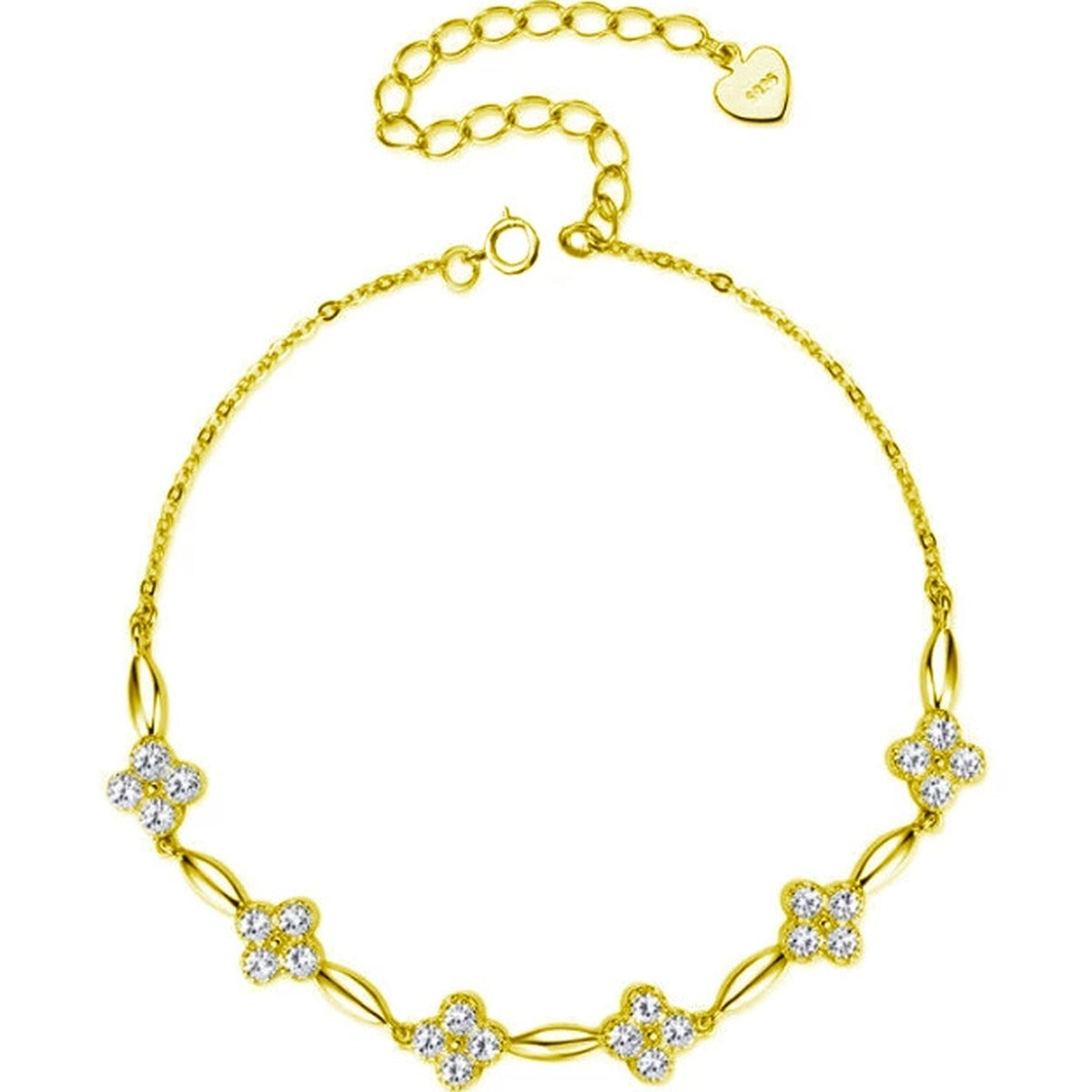 Five-Clover Round Moissanite Charm Bracelet in Gold-Plated S925 sterling silver white background product photo showing bracelet shape and moissanite setting