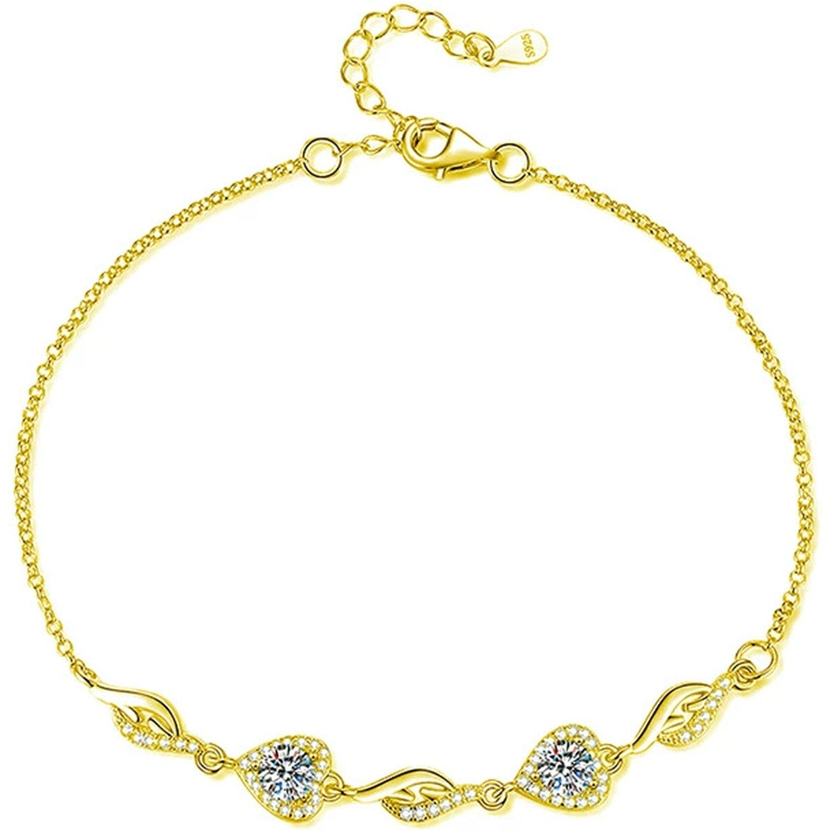 Heart and Butterfly Round Moissanite Bracelet with CZ in Gold-Plated S925 sterling silver white background product photo showing bracelet shape and moissanite setting