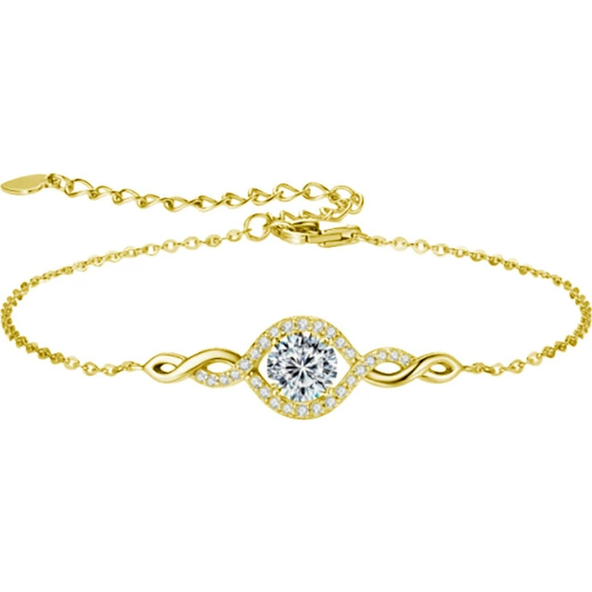 Infinity Halo Round Moissanite Bracelet with CZ in Gold-Plated S925 sterling silver white background product photo showing bracelet shape and moissanite setting