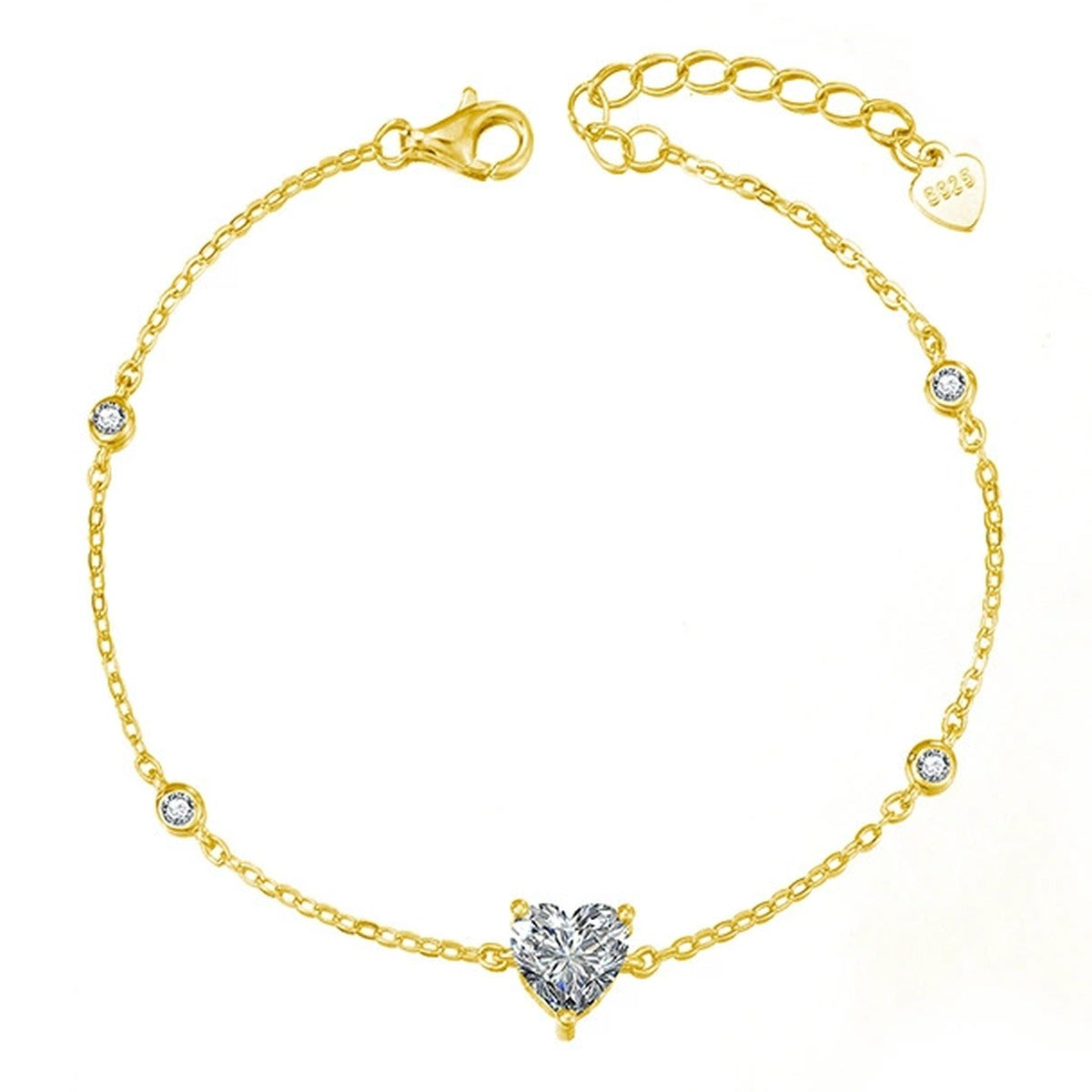 Heart-Cut Moissanite Charm Bracelet with CZ in Gold-Plated S925 sterling silver white background product photo showing bracelet shape and moissanite setting